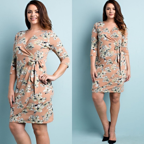 🍑PLUS Peach Taupe Floral Sexy Wrap Dress - Picture 2 of 4